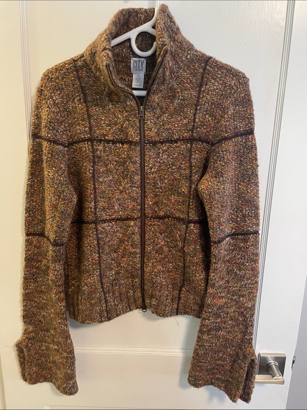 City DKNY Multicolor Brown Windowpane Zip Sweater
